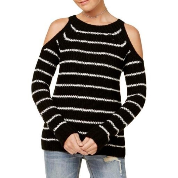 Hippie Rose Black White Stripe Long Sleeve Cold Shoulder Sweater Juniors Medium - Picture 8 of 8